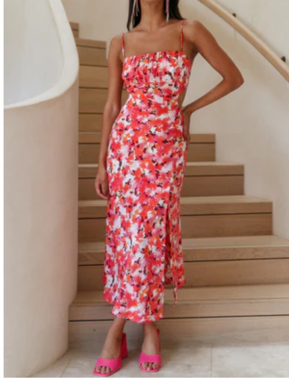 Hello Molly Saints+Secrets Floral Spaghetti-Strap Midi Dress in Bright Coral